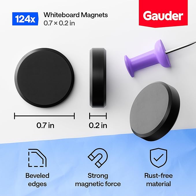 GAUDER Magnets for Whiteboard, Fridge & Bulletin Board - Strong Round Magnetic Discs - Black Magnets for Crafts (124 Pieces - 0.7" x 0.2")