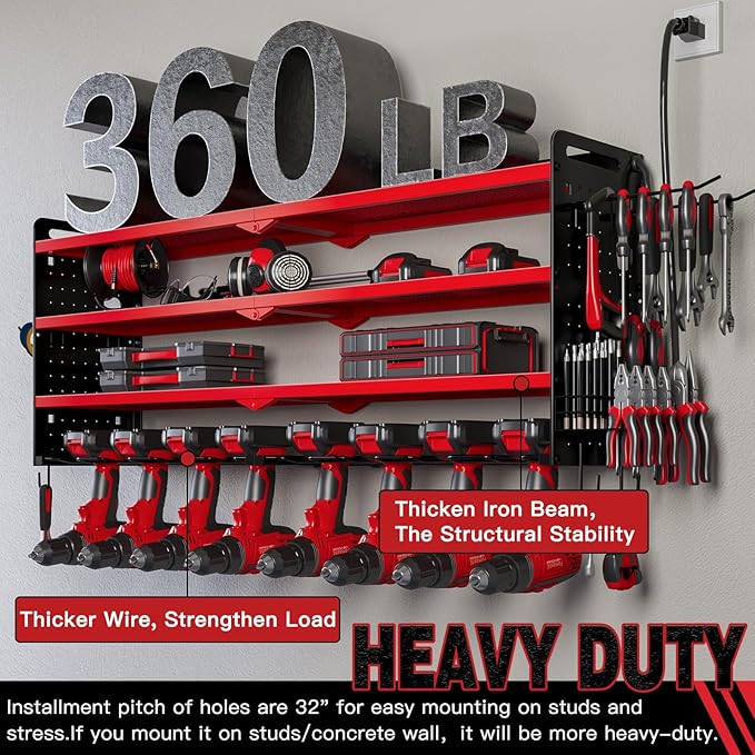 NattyDot Power Tool Organizer Wall Mount with Charging Station,Cordless Tool Organizer 8 Drill Holder, 4 Layer Storage Rack for Garage Organization,Tool Holder with 8 Outlet Power Strip (Red)