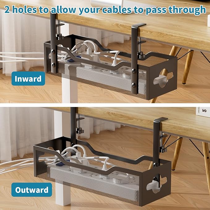 Under Desk Cable Management Tray 3 Pack, Cable Management Under Desk No Drill, Cable Organizer with Clamp for Wire Management, Cord Organizer for Office, Home - No Damage to Table (Black)