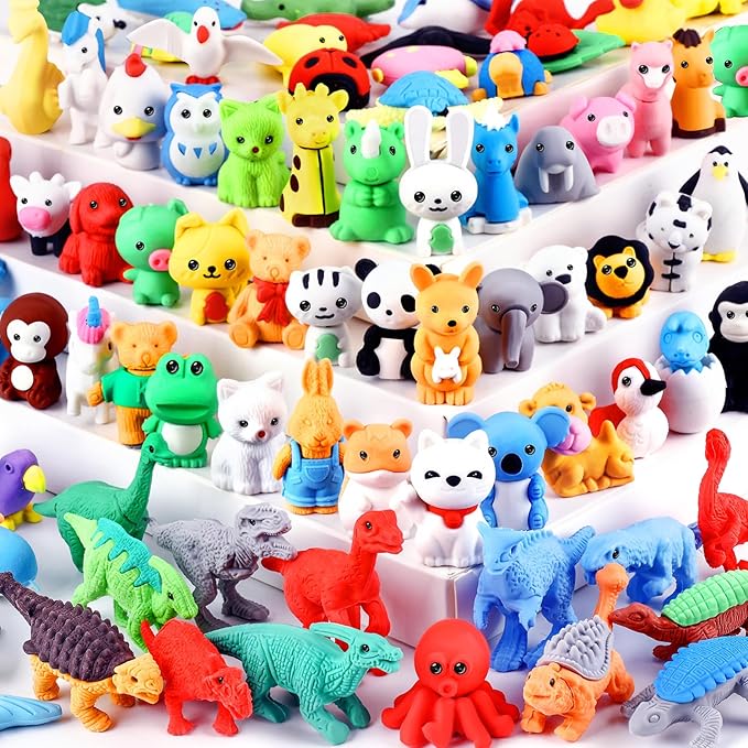 URSKYTOUS 80Pcs Animal Erasers Kids Desk Pets Pencil Erasers 3D Puzzle Eraser Bulk Fun Cute Mini Animal Eraser Toys for Classroom Rewards, Game Prizes, Treasure Box, Easter Egg Fillers