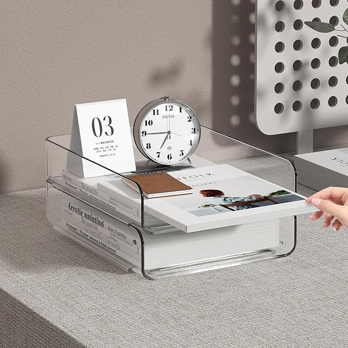 FANXIYQ 2-Tier Acrylic Paper Tray Organizer - Low-Profile Desk File Sorter for Office/Home, Clear Stackable Letter Tray for Bills, Crafts, Notebooks