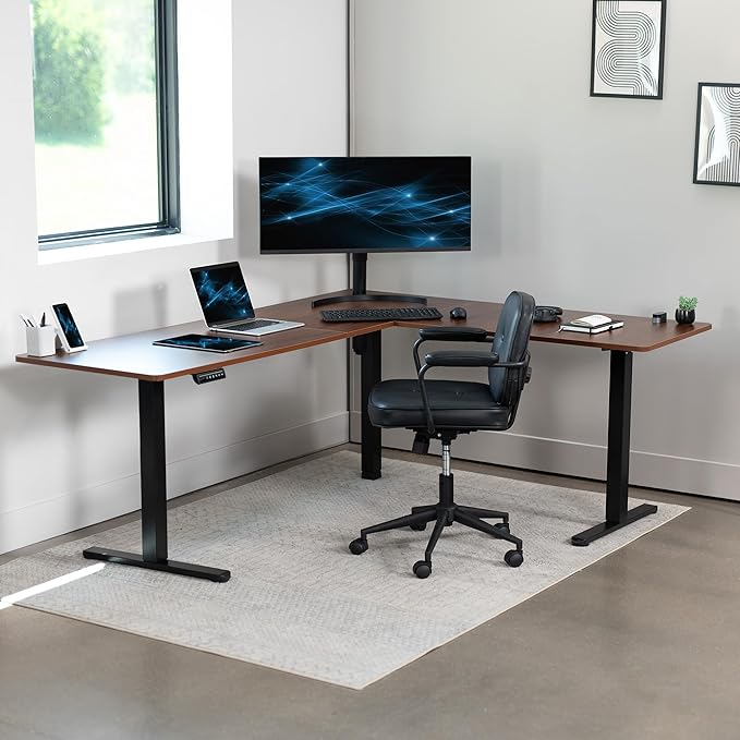 VIVO Electric Corner 75 x 63 inch L-Shaped Standing Desk, Memory Height Adjustment, Dark Walnut Top Black Frame, DESK-E3CTD-75