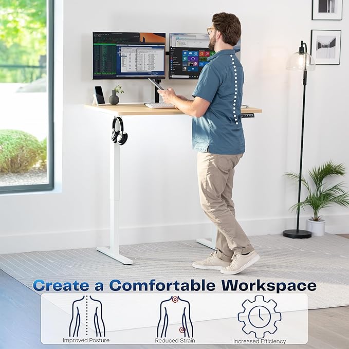 VIVO Electric 48 x 30 in Standing Desk, Memory Height Adjustment, 1B Series, Holds 220 lbs, One-Piece Light Wood Top, White Frame, DESK-KIT-1W5C