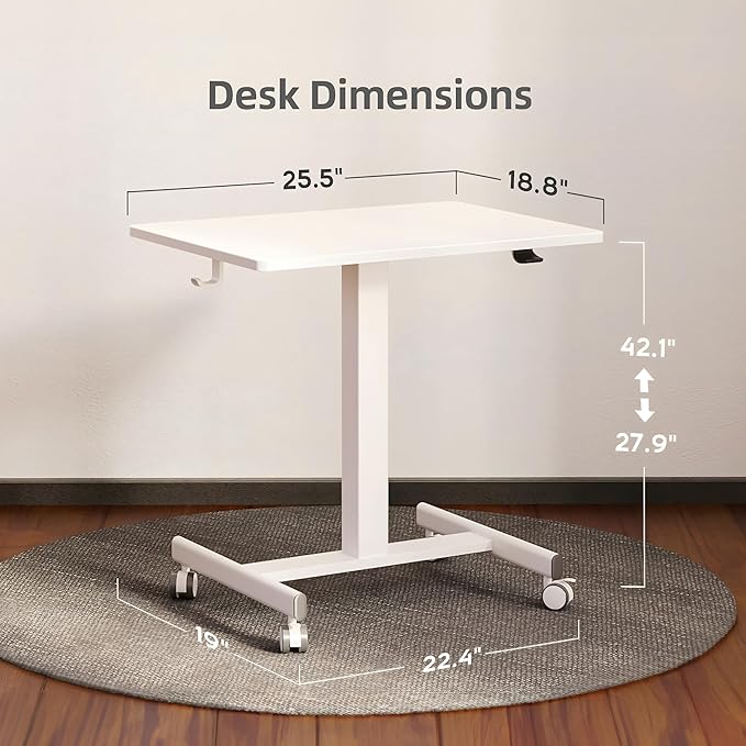 YDN Mobile Mobile Standing Desk, Adjustable Height Portable Laptop Desk with Lockable Wheels, 25.5" x 18.8" Rolling Desk with Hook for Computer Workstation, White
