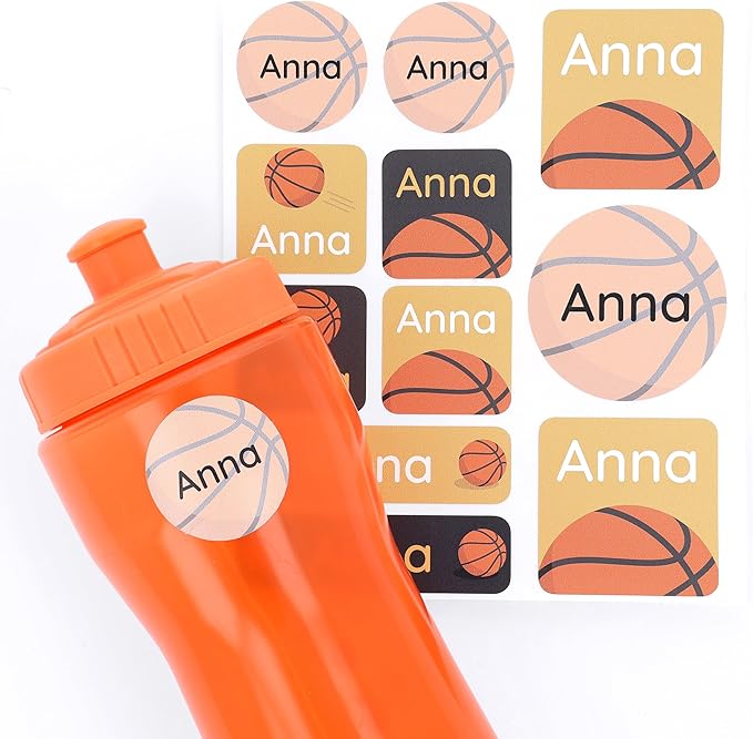 Large Name Labels for Kids (33) - Custom Stickers for Daycare and School Supplies - Durable, Waterproof Stickers for Water Bottles, Lunch Boxes, and More with Unique Designs - Basketball