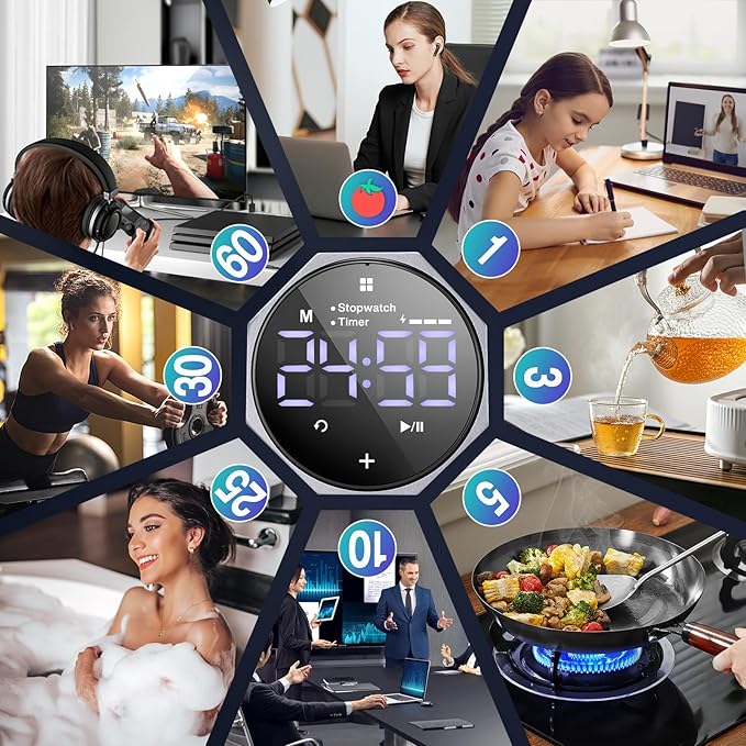 Digital Pomodoro Timer,Frosted Metal Productivity Cube Timer,1.8 in LED Digital Large Screen and Auto-Rotating Display,1/3/5/10/25/30/60min&Custom Time, Silent & Alarm,for Office, Study, Work(Grey)