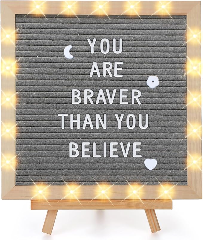 Changeable Felt Letter Board with LED Lights - 10×10" Message Custom Signs & Wood Stand & 450 Letters, Poster Board for Valentine's Day/Baby/Pregnancy Announcement/Classroom Wall Decor Gifts, Grey