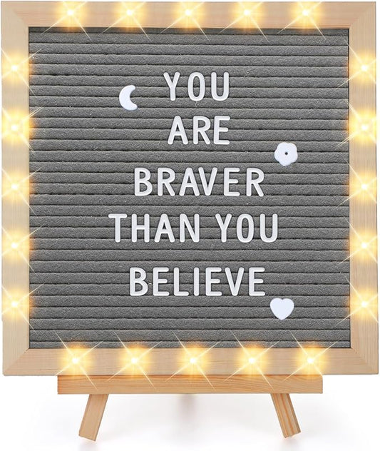 Changeable Felt Letter Board with LED Lights - 10×10" Message Custom Signs & Wood Stand & 450 Letters, Poster Board for Valentine's Day/Baby/Pregnancy Announcement/Classroom Wall Decor Gifts, Grey
