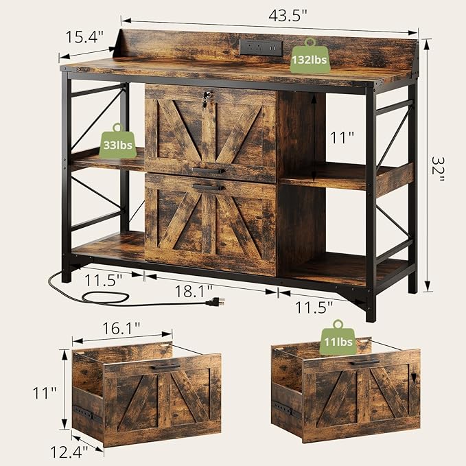 AesthLife 44" File Cabinet for Home Office, Wood Filing Credenza with Built-In Power Outlet, 2 Drawer File Cabinet with Lock, 4 Open Shelves, Metal Shelf, Adjustable Drawer fit to Legal/Letter/A4 Size