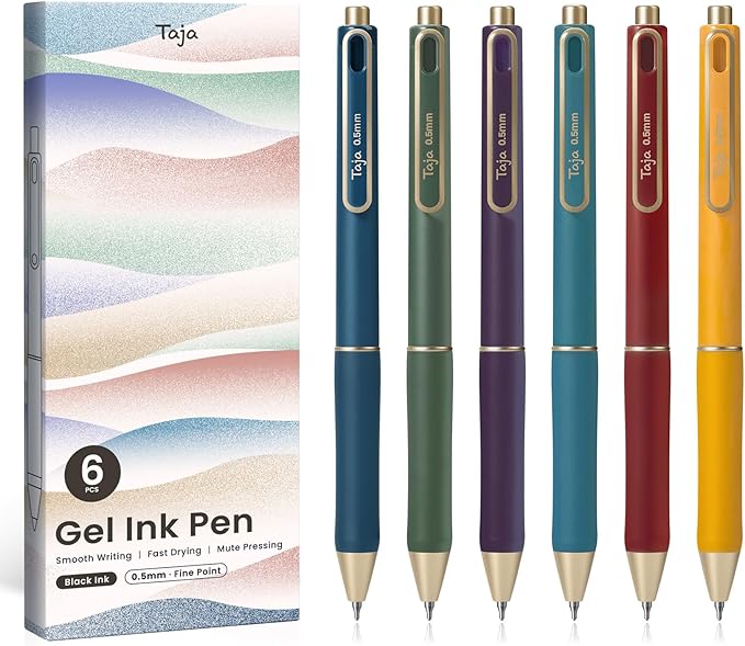 Taja Gel Pens, 6 Pcs Quick Dry Black Gel Ink Pens, 0.5mm Fine Point Smooth Writing Pens for Journaling and Note Taking, Cute Aesthetic Pens for Women & Men-Vintage