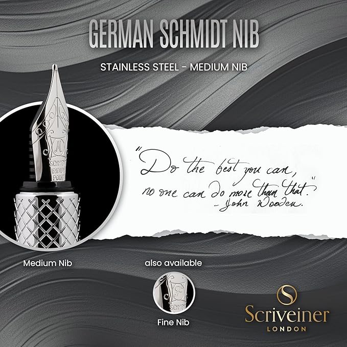 Scriveiner Personalized Silver Chrome Fountain Pen (Medium), Award Winning Luxury Pen, Heavy Pocket Pen, Chrome Finish, Best Engraved Fountain Pen Gift Set for Men & Women, Name Engraving