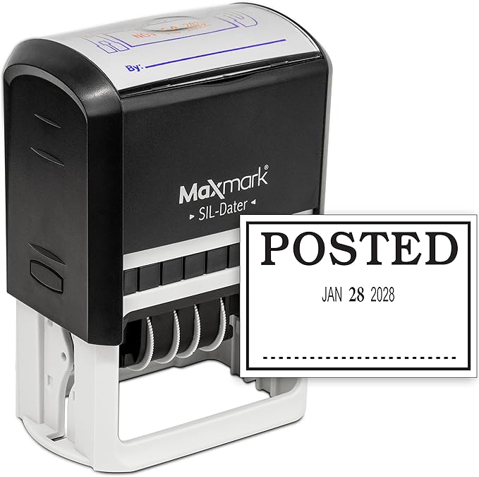 MaxMark Large Self-Inking Rubber Date Office Stamp with Posted Phrase & Date - Black Ink, 12-Year Band - Style 3