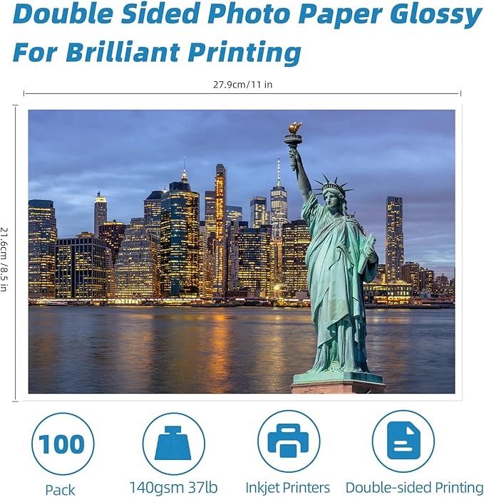 Uinkit 100 sheets Photo Paper Glossy Double Sided 8.5x11 Inkjet 37lb 140gsm Dye ink Thin Photo Picture Flyer Calendar Magazine CD Cover letter