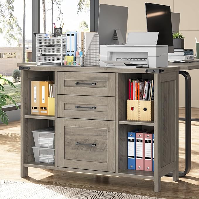 Vabches File Cabinet with 3 Drawers, Farmhouse Lateral File Cabinet Fits Files Letter/A4 Size, Wooden Filing Cabinet with Adjustable Shelves Printer Stand for Home Office, Grey