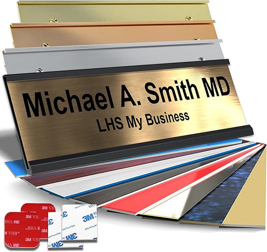 Custom Name Plate with Choice of Mounting for Walls, Doors, Desk Holders, Cubicles, Hanging and More - Personalized Brushed Copper Plastic Black Letters - USA Made 2x8 - M5