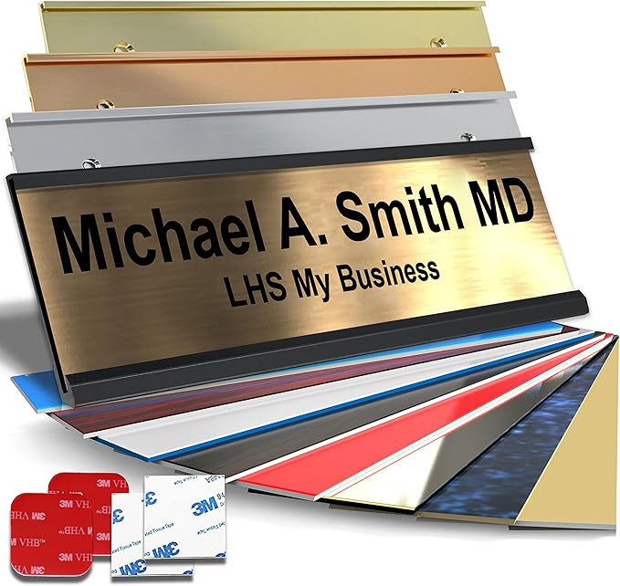 Custom Name Plate with Choice of Mounting for Walls, Doors, Cubicles, Hanging and More - Personalized Brushed Copper Plastic Black Letters - USA Made 2x12 - M5