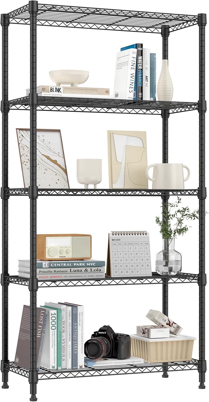 M MZG 1250 lbs 5 Tier Shelf Metal Storage Shelves Shelving Wire Rack Heavy Duty Closet Organizers for Garage Kitchen Bathroom Laundry Black 13.8" D x 29.5" W x 59.5" H