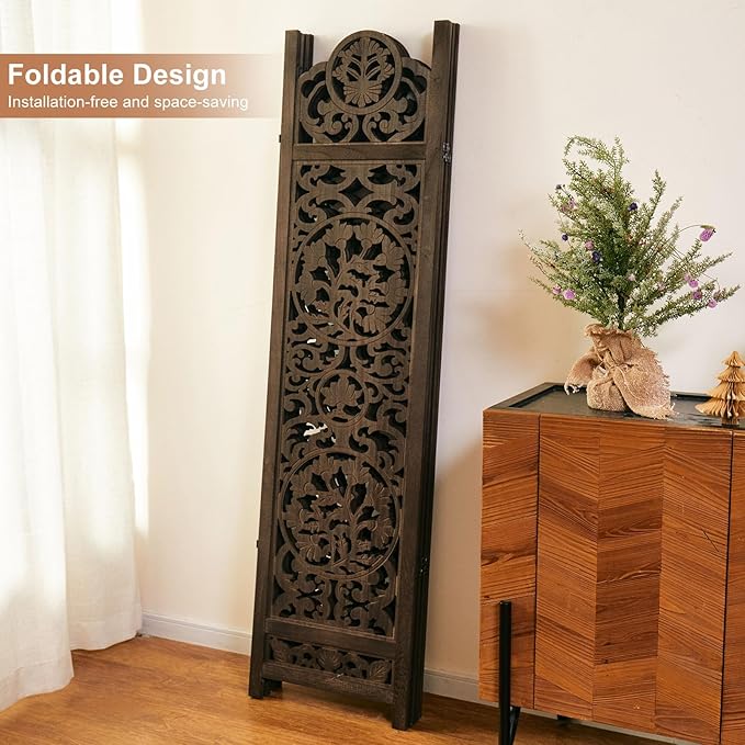5.75Ft Room Divider Wood Screen, 33Lbs Durable MDF Carved Rustic Style Headboard, Reversible Freestanding Folding Partition Paravent for Home, 69 * 71 inch(H*W) - 4 Panels (Antique Brown)