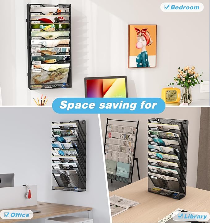 Solinxe 10 Tier Wall File Organizer, Vertical Mesh Paper Mail Organizer Wall Mounted Magazine Rack, Metal Clipboard Storage for Office, Home, Classroom, Black