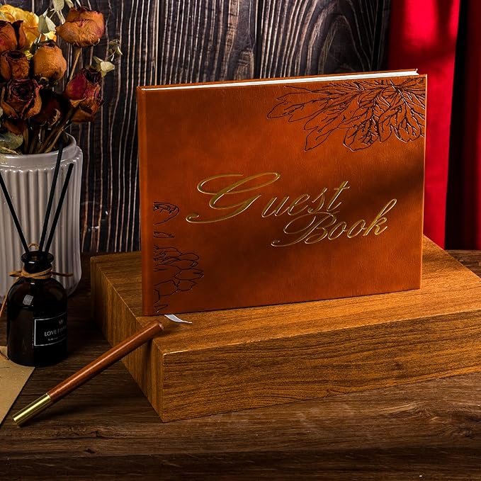 Leather Wedding Guest Book,Visitor Log Guest Book for Vacation Home,Wedding Reception,Funeral,Party,Memorial Service,10.3x8'' Embossed Open House Guest Sign in Book with Wood Grain Pen for Guests