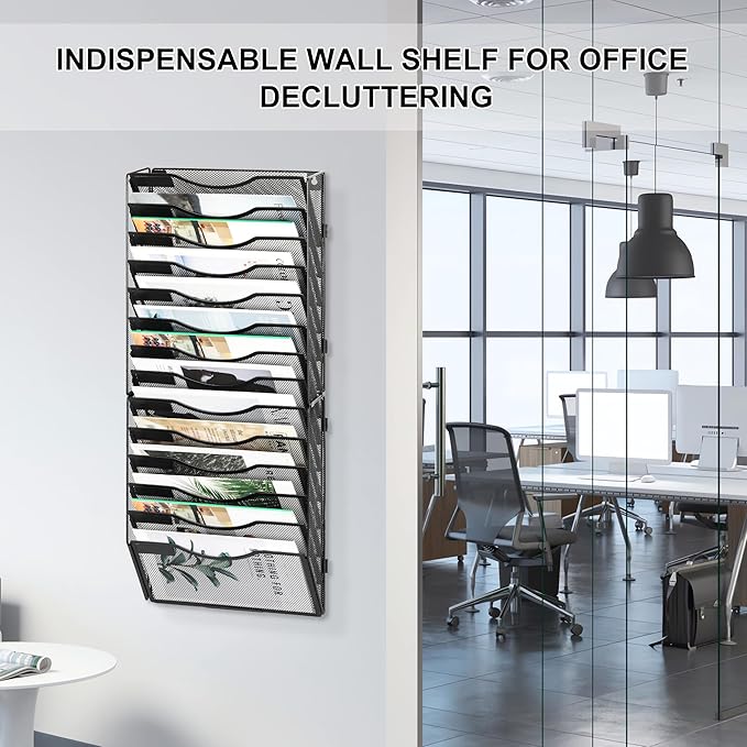 EasyPAG Wall File Organizer for Office 14 Pocket Mesh Wall Mounted Paper Organizer Hanging Folder Holder with Nametag Label for Home School, Black