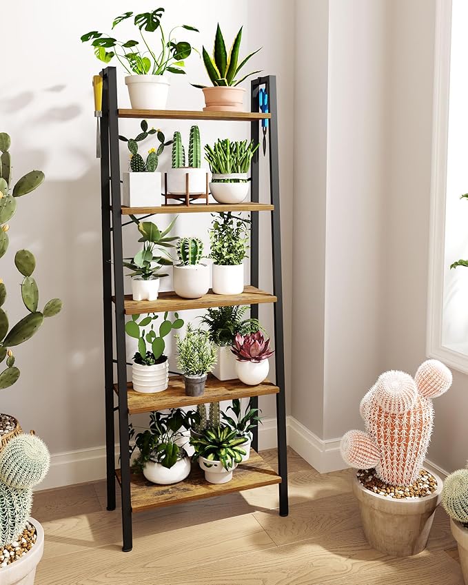 Hzuaneri Ladder Shelf, Bookshelf Bookcase, Freestanding Corner Storage Shelve with 2 Hooks for Home Office, Living Room, Kitchen, Bedroom, Industrial, 11.8" D x 23.6" W x 63" H, Rustic Brown BC19301B