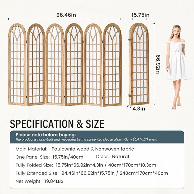 Aletheiawu 6 Panel Room Divider Wall Shoji Screen, Japanese Wood Room Divider for Room Separation, Folding Privacy Screen, Portable Room Partition for Home Office Restaurant - Natural