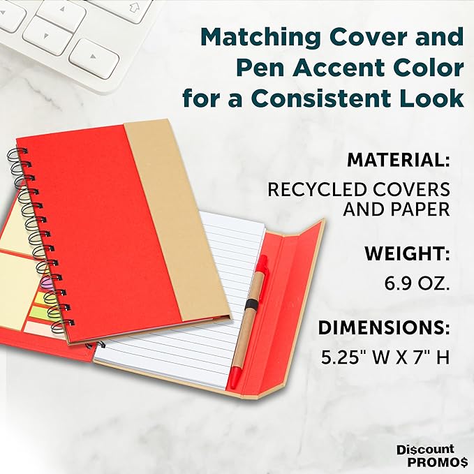 DISCOUNT PROMOS Eco Friendly Spiral Notebooks with Pens Set of 10, Bulk Pack - Perfect for School, Office, Home - Red