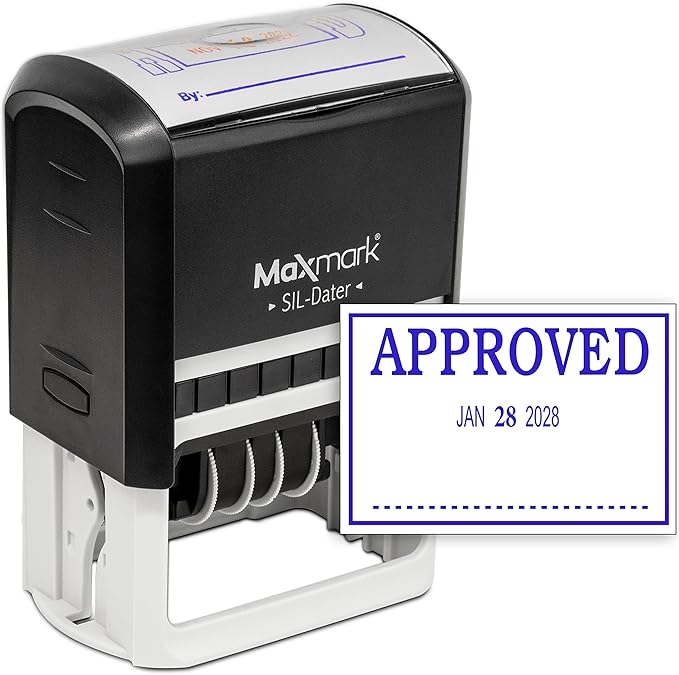 MaxMark Large Self-Inking Rubber Date Office Stamp with Approved Phrase & Date - Blue Ink, 12-Year Band - Style 3