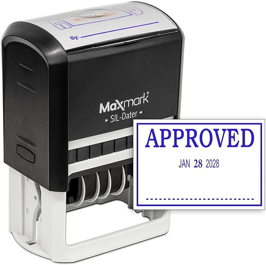 MaxMark Large Self-Inking Rubber Date Office Stamp with Approved Phrase & Date - Blue Ink, 12-Year Band - Style 3