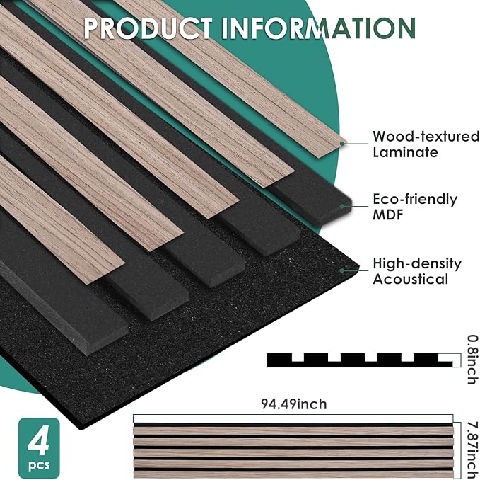 VallisCo 4-Piece Wood Slat Acoustic Panels for Stylish Interior Decor & Noise Reduction - 94.5" x 7.87" 3D Solid Wood Wall Panels for Ceiling and Wall, Covers 20.66 Sq Ft, Light Brown