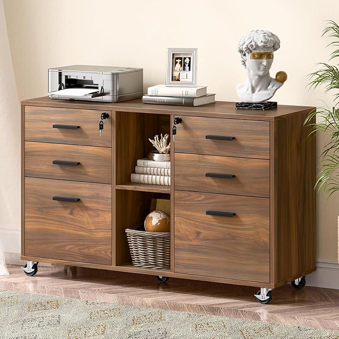 Lateral File Cabinet with Lock, Large Mobile Storage Filing Cabinet with 6 Drawers Fits Files Letter/A4 Size, Rolling Printer Stand with Open Storage Adjustable Shelf for Home Office, Brown