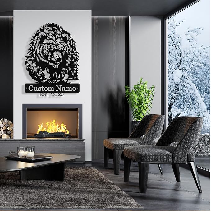 Custom Bear Metal Sign, Custom Bear Metal Wall Art Decor, Personalized Last Name Signs for Home, Rustic Farmhouse Black Wall Decor for Cabin, Bedroom, Living Room, Porch