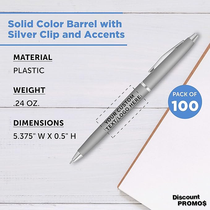 DISCOUNT PROMOS Custom Langham Ballpoint Pens Set of 100, Personalized Bulk Pack - Black Ink, Great for Office, School, Business, Tradeshows - Silver