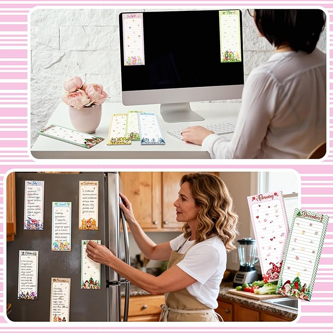 Eaasty 12 Pcs Seasonal Holiday Magnetic Notepads for Refrigerator Gnome Monthly Magnetic Grocery List 9 x 3.5" Magnet Memo Pads 30 Sheets Per Pad Shopping to Do List for January to December