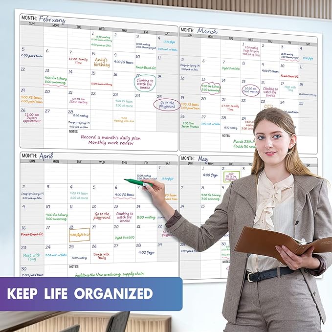 Dry Erase Four Month Laminated Jumbo Wall Calendar, 46" x 63", Huge Quarterly Laminated Erasable White Board, Giant 120 Day Family Whiteboard Schedule Planner, Large Multi Month Reusable Poster