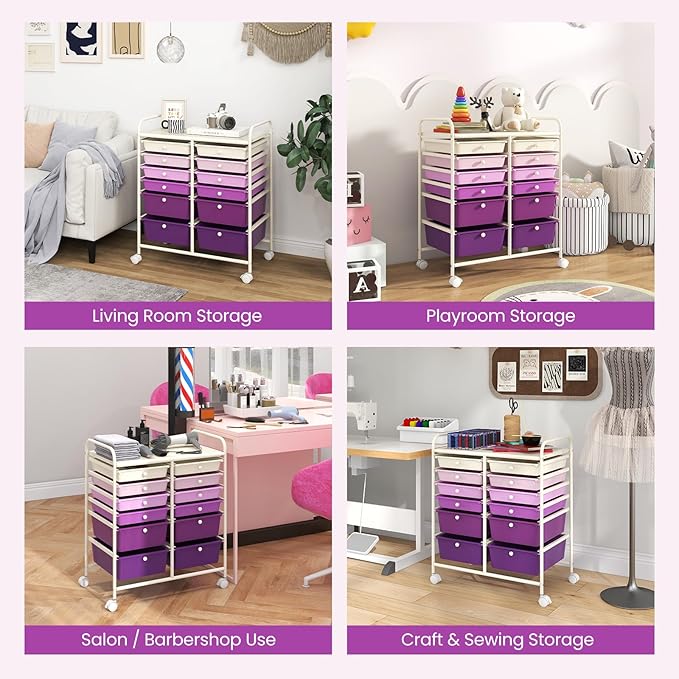 LDAILY 12 Drawer Rolling Storage Cart, Craft Cart Organizer on Wheels with Metal Frame, Large Capacity & Smooth Drawers for Living Room, Classroom, Office (Gradient Purple)