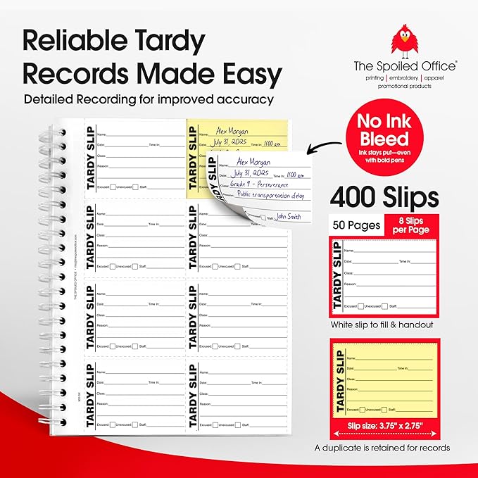 The Spoiled Office Tardy Slip Book with Carbonless Duplicates 400 Pcs - 2 3/4"x3 3/4"- Easy Tracking Log Book for School Carbon Copy, School Supplies, Office Supplies for Desk, Spiral Bound