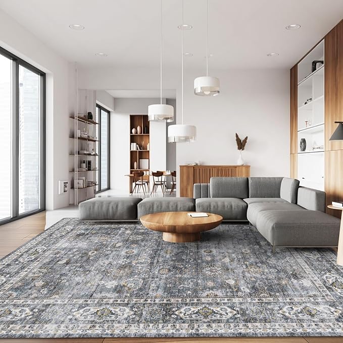 Rugcomf Living Room Rug 6x9 Rug Machine Washable Boho Soft Area Rug Non Slip Vintage Low Pile Large Rug for Living Room, Bedroom, Farmhouse, Dining Room, Kids Playroom(Grey)