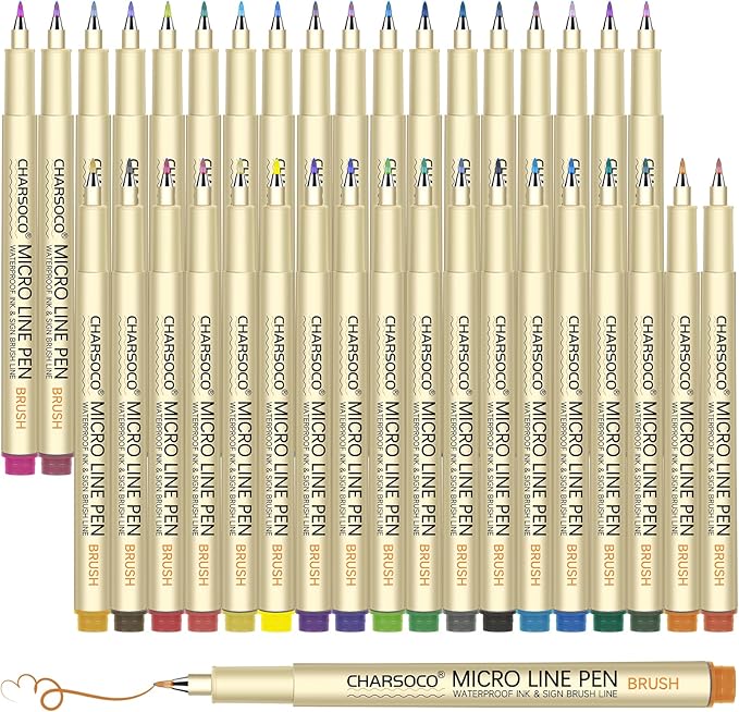 CHARSOCO Arts Sign Brush Pen, Felt Tip Water Based Ink with 36 Colors, for Journaling, Lettering, Calligraphy, Technical Drawing and Scrapbooking