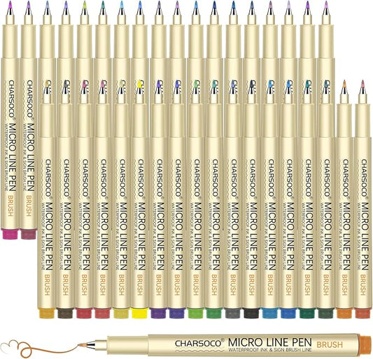 CHARSOCO Arts Sign Brush Pen, Felt Tip Water Based Ink with 36 Colors, for Journaling, Lettering, Calligraphy, Technical Drawing and Scrapbooking