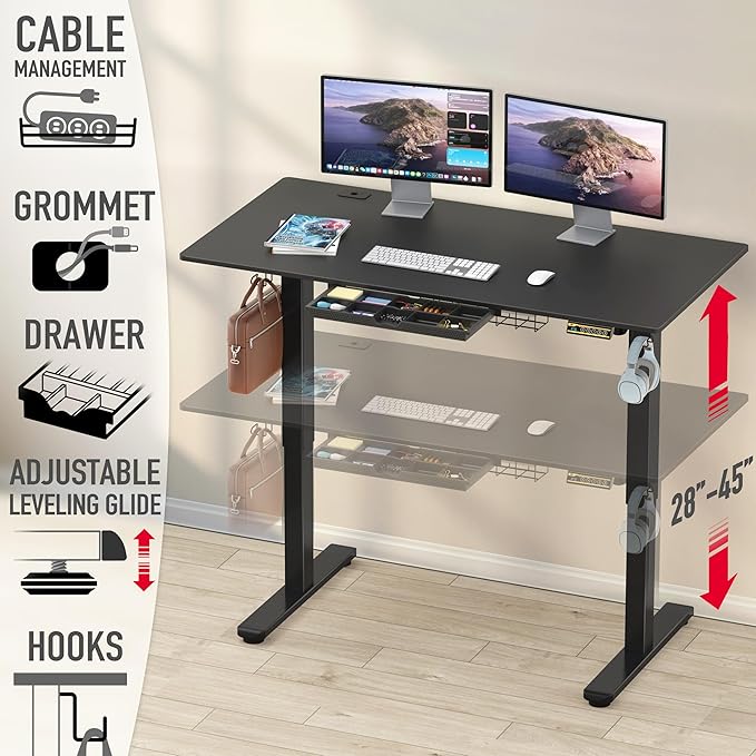 SHW 55 x 28 Inches Electric Height Adjustable Standing Desk with Drawer and Memory Preset, Black
