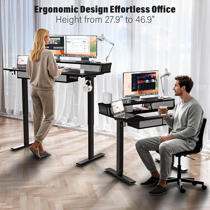 Kingant 48 x 24 Inch Electric Standing Desk with 4 Drawers, Height Adjustable Sit to Stand Computer Desk with Storage Shelf and C-Clamp Mount Compatibility for Home Office, Black