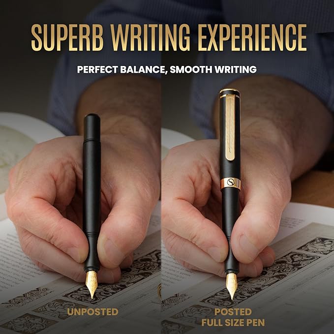 Scriveiner Luxury EDC Fountain Pen (Fine), Stunning Black Pocket Pen with Real Gold Finish, Schmidt Gilded Nib, Ink Converter, Best Writing Gift Set for Men & Women, Nice Fancy Office Designer Gift