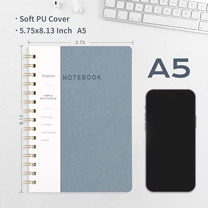 Spiral Notebook-5.75" x 8.125" College Ruled Journal with Inner Pockets and 160 Pages,PU Leather Cover Business Journal, Twin-Wire Binding Notebook Perfect for Office & Home School Supplies 2 pack Reefblue/Black