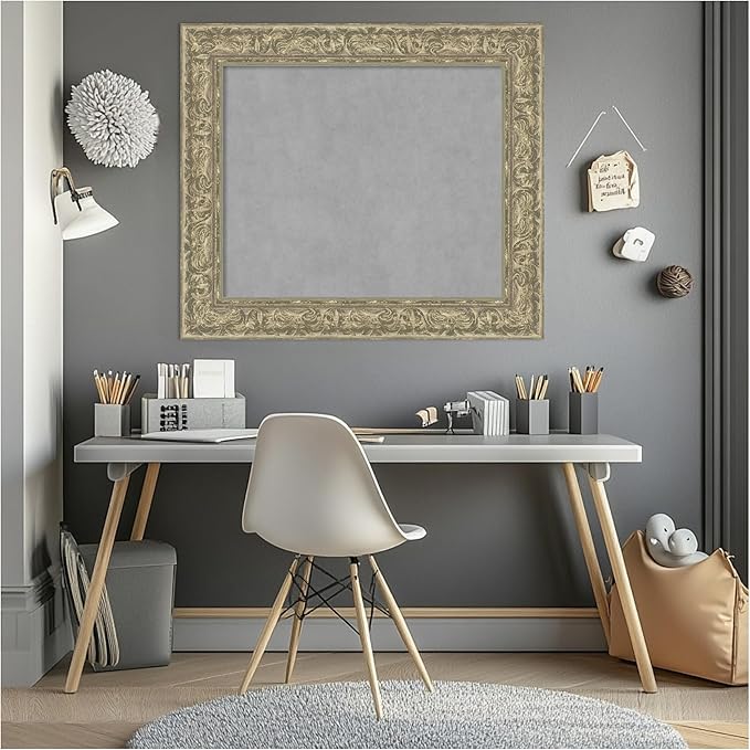 Amanti Art Silver Framed Magnetic Board 27x31 Medium Vision Board for use with Magnets, 100% Metal Sheet to Display Items as Office Decor or for Home Organization in mudroom, Kitchen or Kids Room