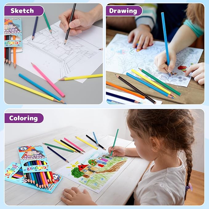 Craiiby Premium Colored Pencils, Soft Core, 288 Count (Pack of 24), 12 Colors Pre-sharpened Color Pencils Bulk, Back to School Supplies, Classroom Prizes (24)