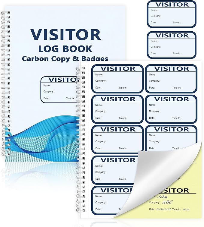 1 Pack of 150 Visitor Badges Registry Log with Carbon Copy Visitor Stickers Letter Size Visitor Log Book Extras Protecting Privacy Pages Spiral-Bound Self Visitor Badges Guest Register Book(1)