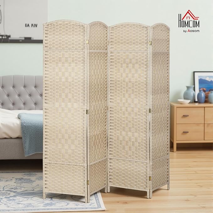HOMCOM 4 Panel Room Divider, 6' Tall Folding Privacy Screen, Hand-Woven Freestanding Wall Partition for Home Office, Bedroom, Washed Oak