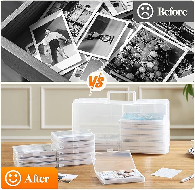 Lifewit 4x6 Photo Storage Box, 14 pcs Inner Photo Case with Lids, Clear Photo Organizers with 1 Sheet Label Sticker, Plastic Craft Storage Box for Seeds Sticker Cards Pictures Stamps Office Supplies